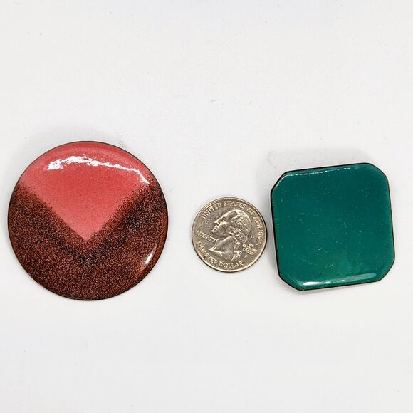 2 Large Copper Enamel Brooch Pins VTG Circle Octagon Shape Modernist MCM + Box - Picture 2 of 5